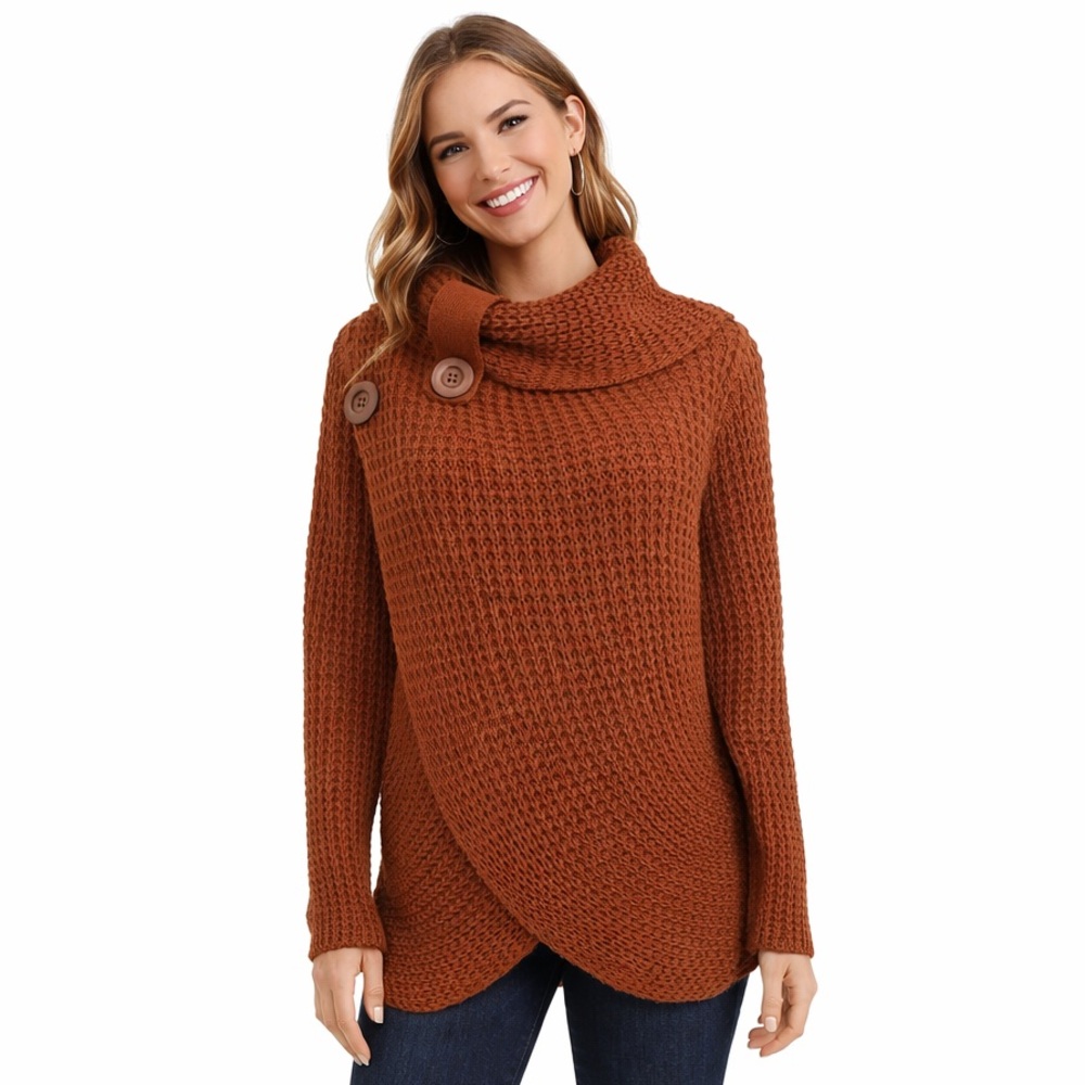 Chunky Knit Wide Turtleneck Sweater with Button Accents